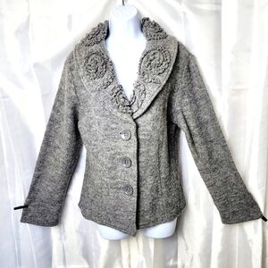 Susan Bristol Boiled Wool Cardigan Sweater M Gray Floral Cottagecore Vintage